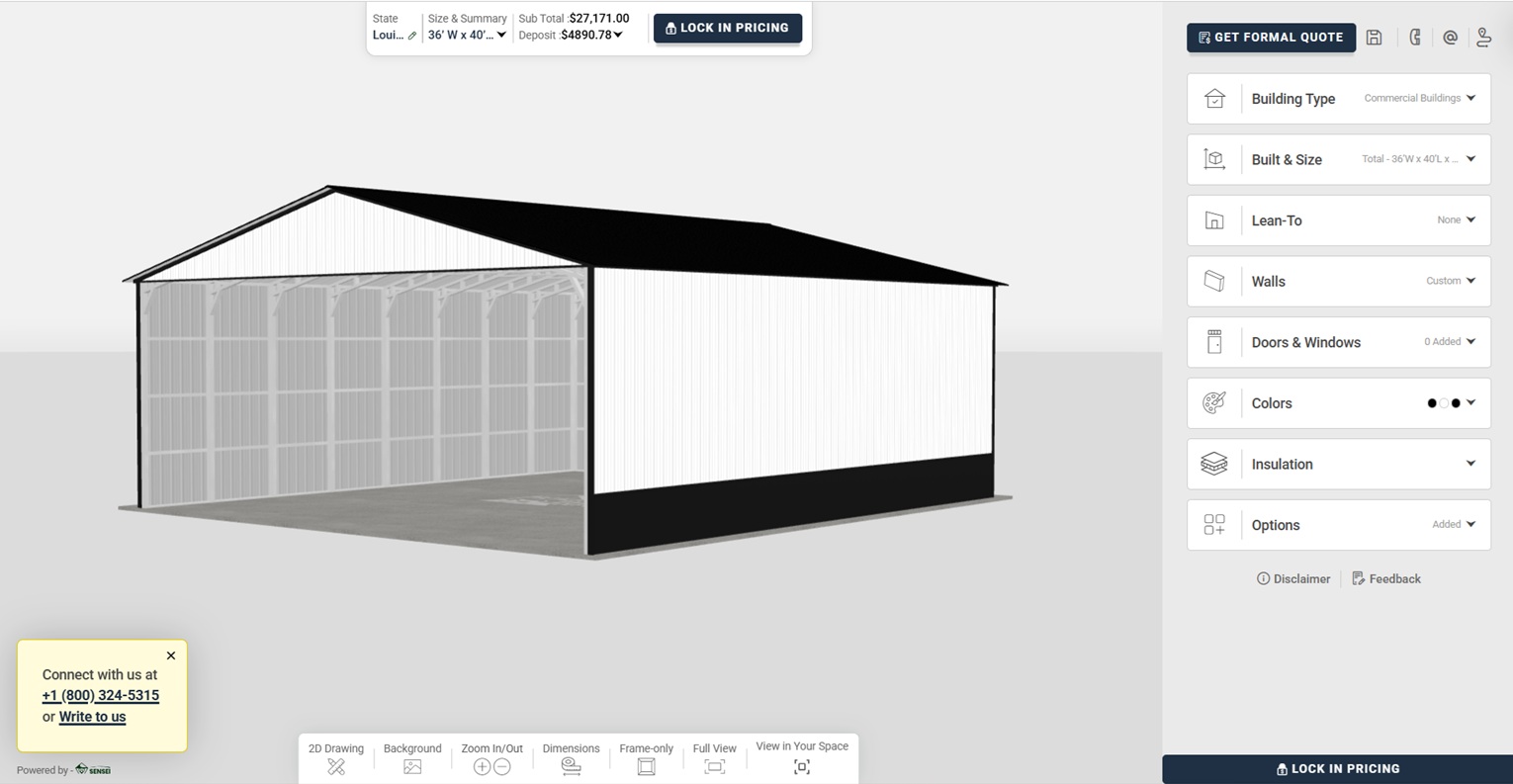 3D Custom Design Center with real-time zip code pricing for commercial metal buildings